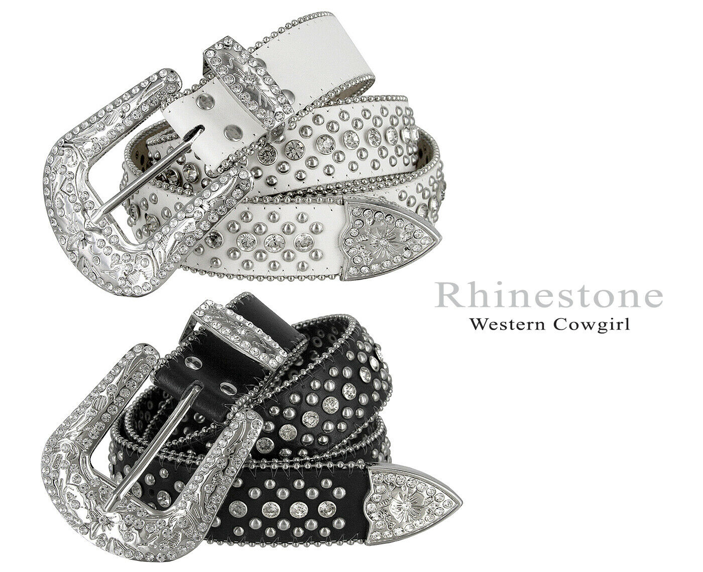 Rhinestone Western Cowgirl Bling Studded Design Leather Belt 1-1/2"(38mm) Wide