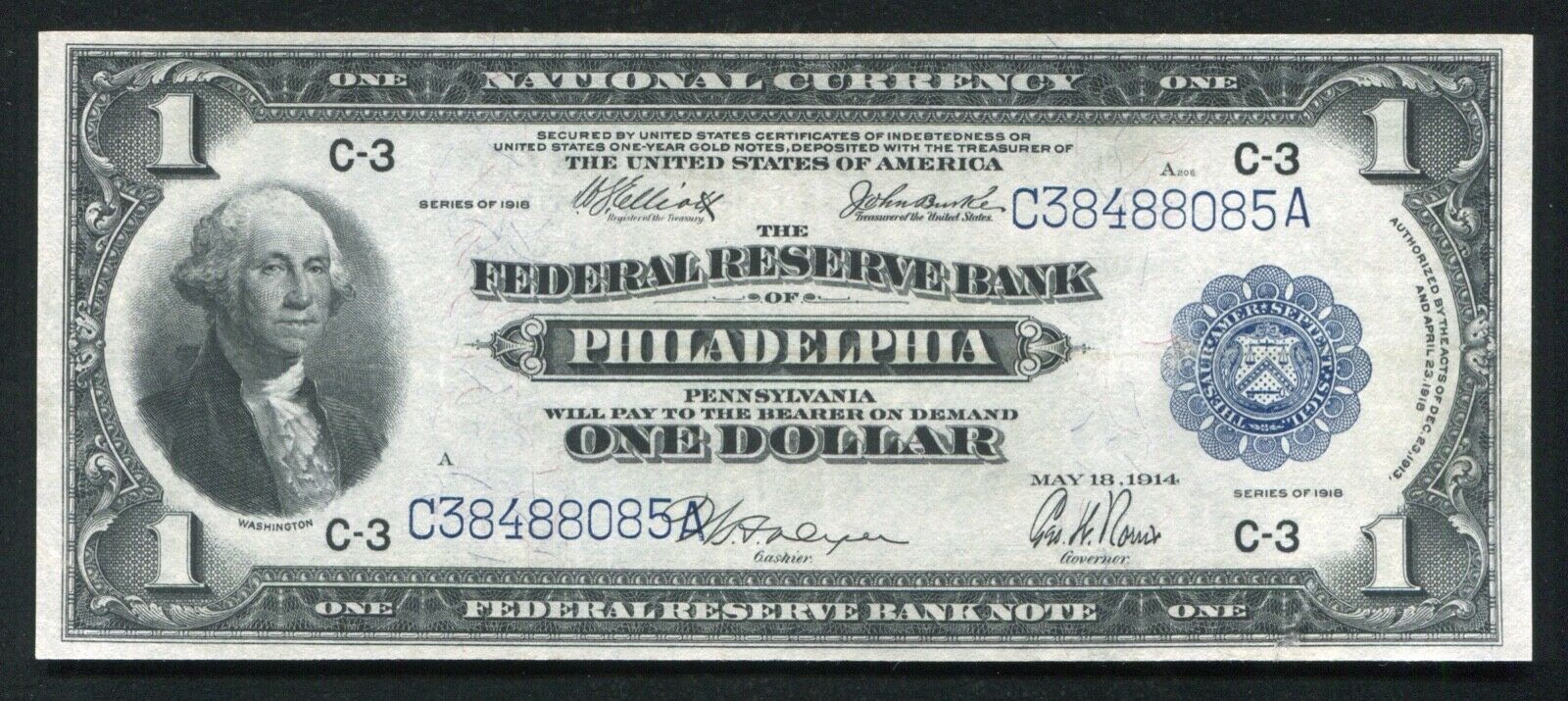 Fr. 717 1918 $1 Frbn Federal Reserve Bank Note Philadelphia, Pa About Unc