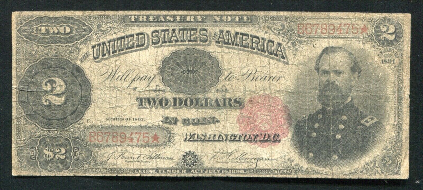 Fr. 357 1891 $2 Two Dollars “general James Mcpherson” Treasury Note