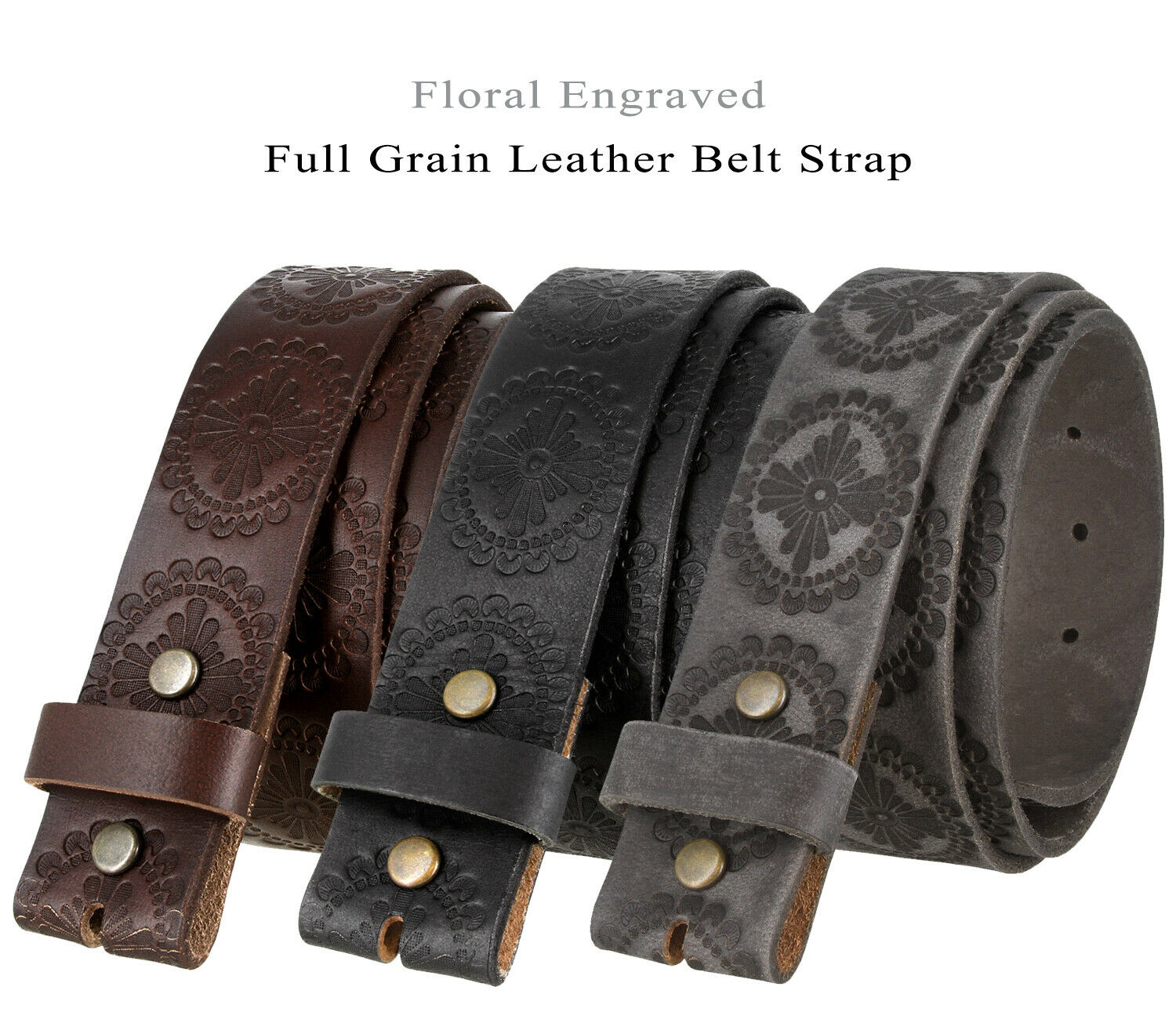 Bs70 Floral Engraved Full Grain Leather Belt Strap, 1-1/2" Wide