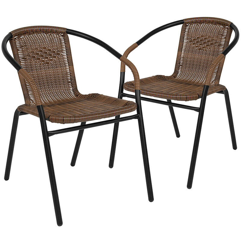 2 Pack Indoor Or Outdoor Restaurant Chair With Black Frame And Brown Rattan