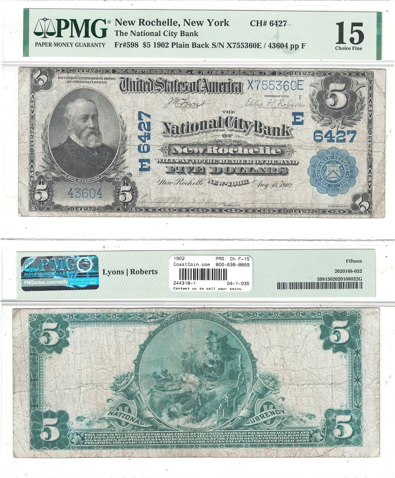 1902 $5 National City Bank Of New Rochelle, Ny #6427 Pmg Choice Fine-15