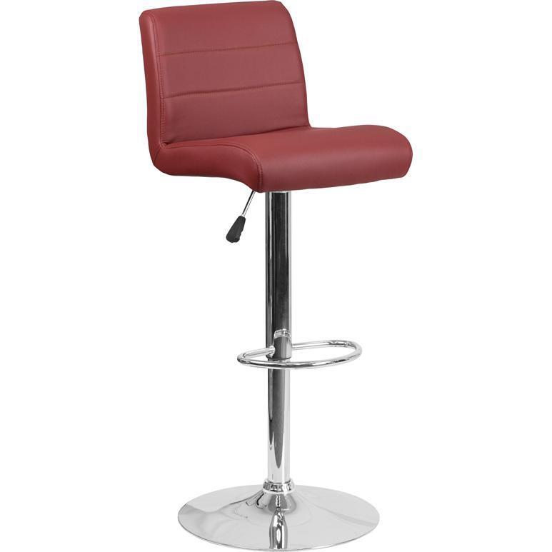 Contemporary Burgundy Vinyl Adjustable Height Barstool With Rolled Seat And...
