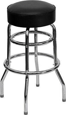 Commercial Quality Double Ring Chrome Bar Stool With Black Seat
