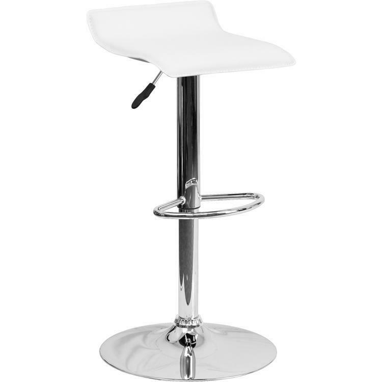 Contemporary White Vinyl Adjustable Height Barstool With Solid Wave Seat And...