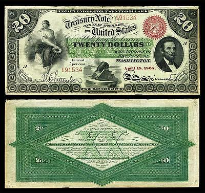 Nice Crisp Unc. 1864 U.s. $20.00 Greenback Bank Copy Note! Read Description