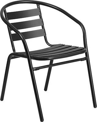 Outdoor Patio Restaurant Stack Chair With Black Metal Frame And Aluminum Slats