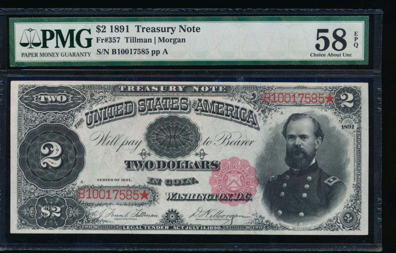 Ac Fr 357 1891 $2 Treasury Coin Note Mcpherson Pmg 58 Epq