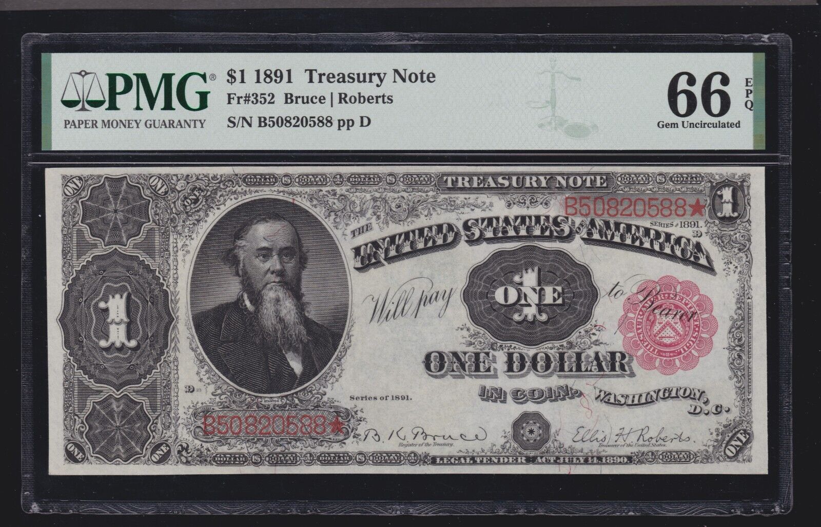 Us 1891 $1 Treasury Note Fr 352 Pmg 66 Epq Gem Cu (588)