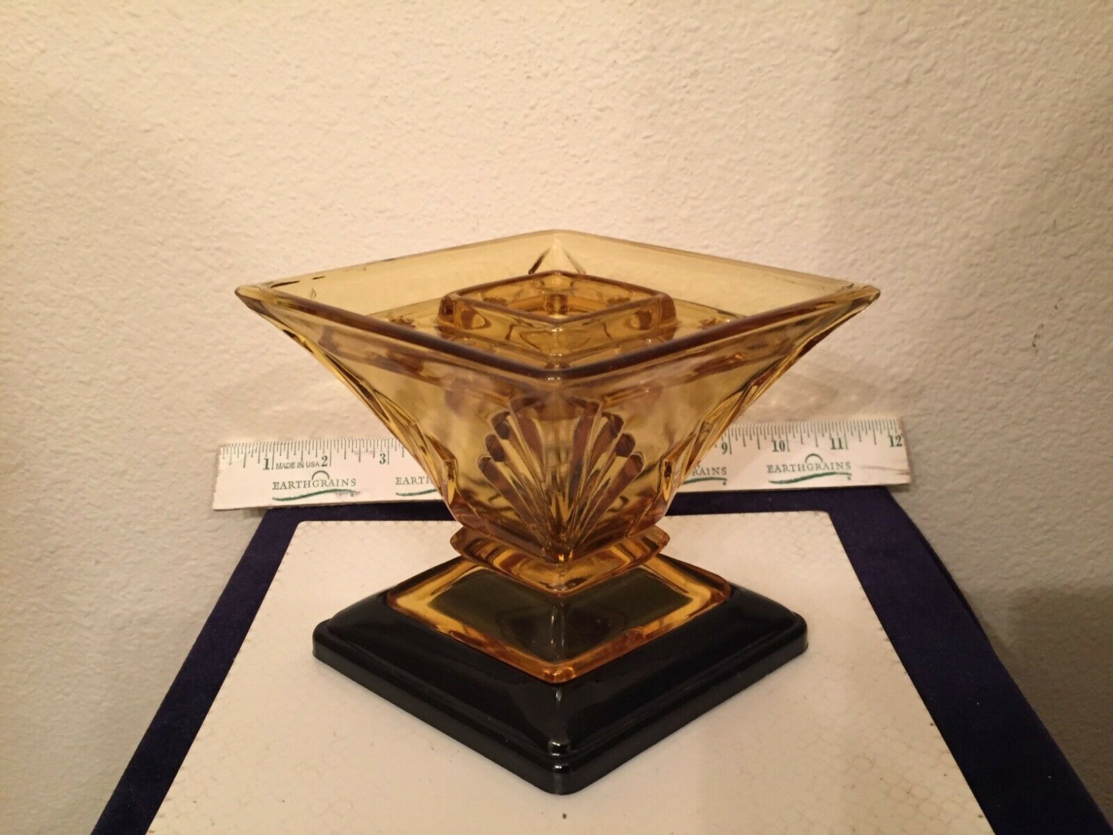 Vtg Flower Frog Spinette Amber Glass Posey Vase Bowl & Frog , Black Plinth Deco