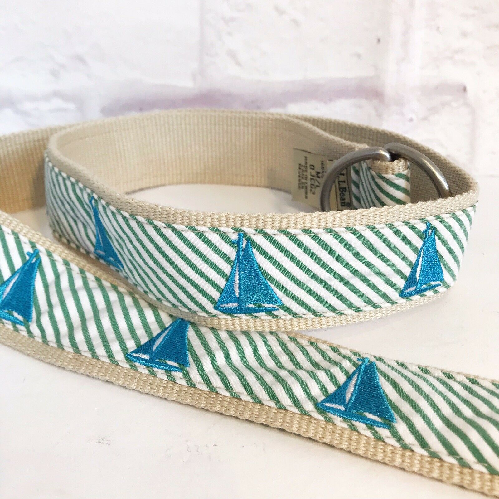 New Ll Bean Seaport Belt Canvas Nautical Embroidered Blue & White Sailboat M / L
