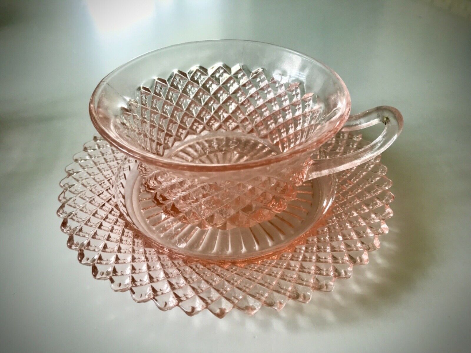 Depression Glass: Pink Art Deco Hocking “miss America” Cup & Saucer