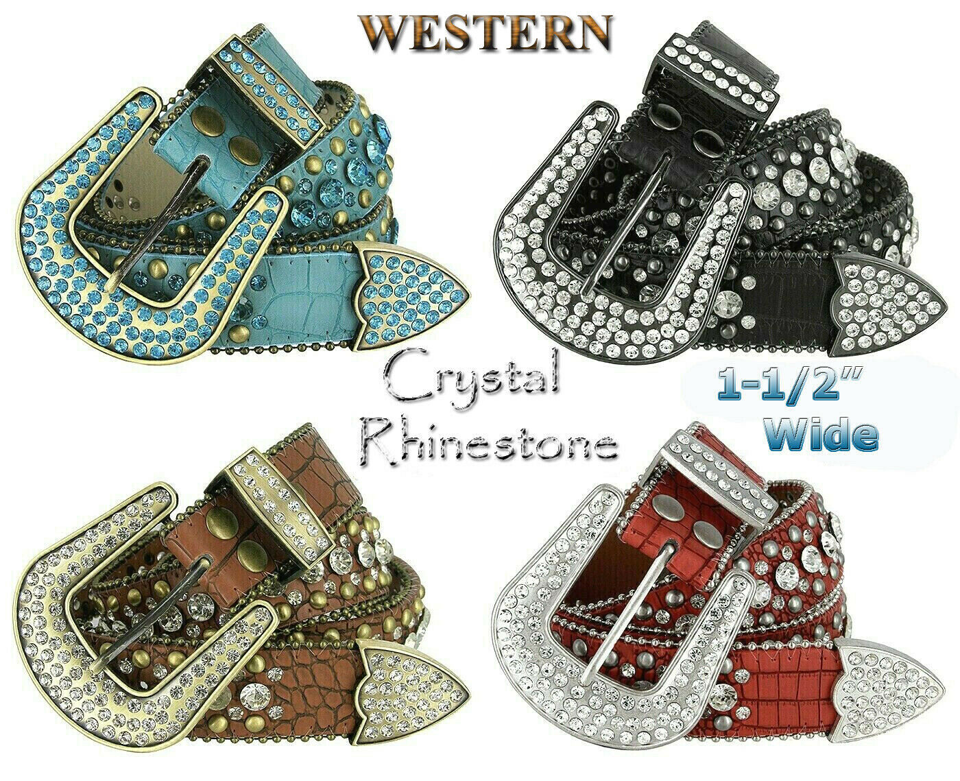 50158 Rhinestone Crystal Western Crocodile Embossed Leather Belt 1-1/2" Wide