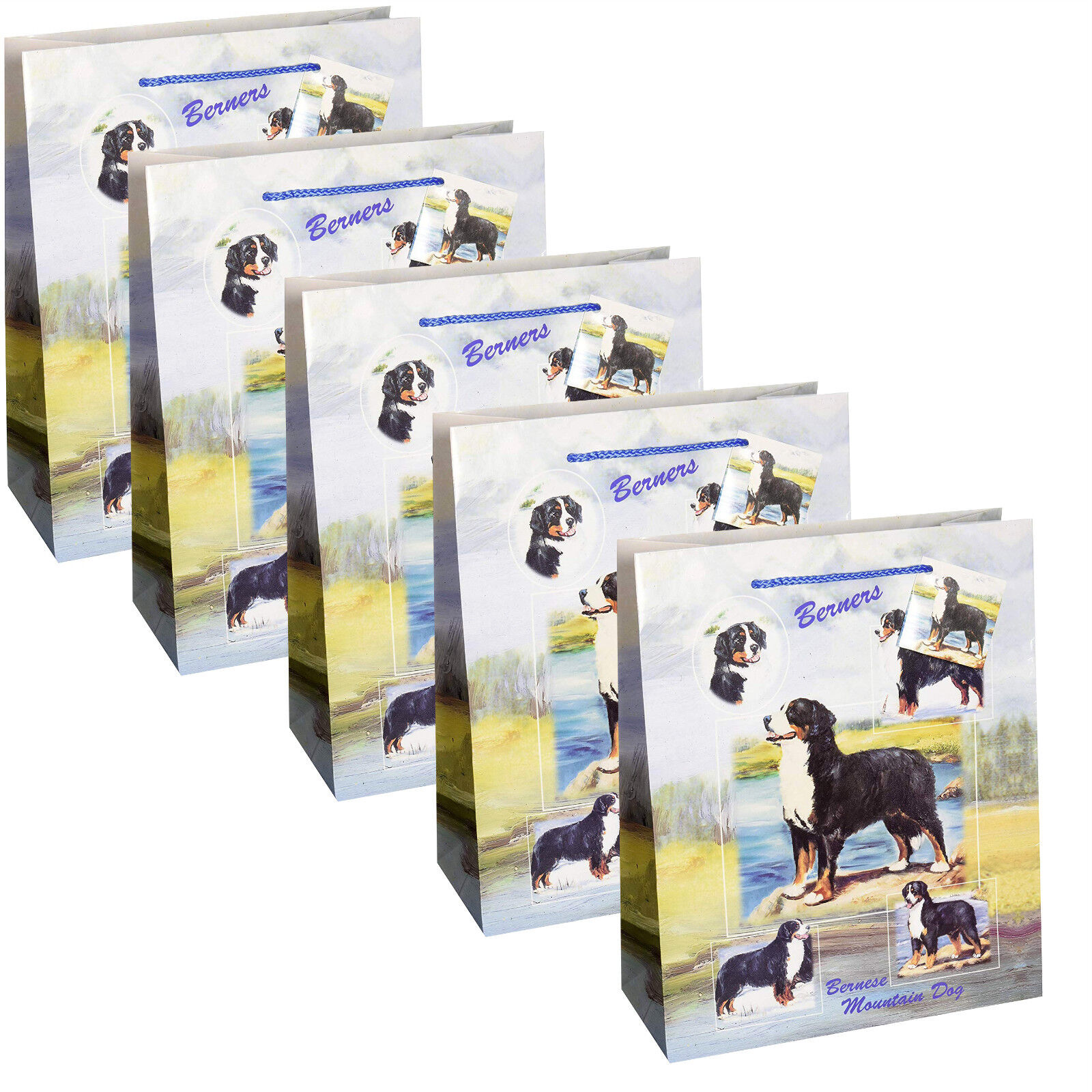 New Bernese Mountain Dogs Set 5 Gift Bags 9 X 11 X 4 Berners Puppy Rescue Xmas