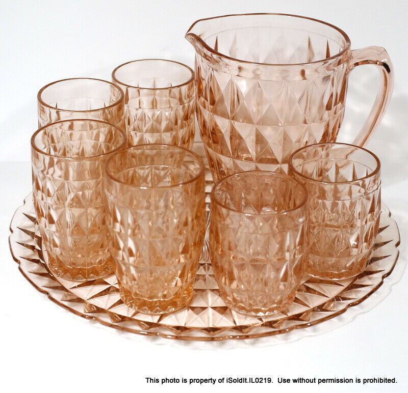 Vtg 8-pc Pink Depresion Glass "diamond" Miss America Pitcher Platter Cups