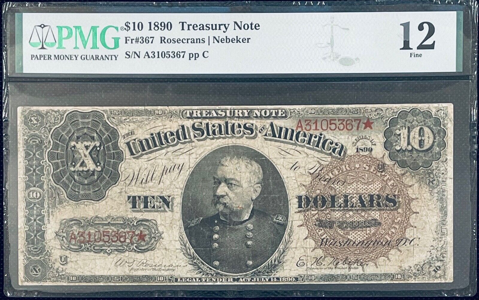 1890 $10 Treasury Note Fr367 Pmg 12 Rosecrans/nebeker Ornate Back Super Rare!