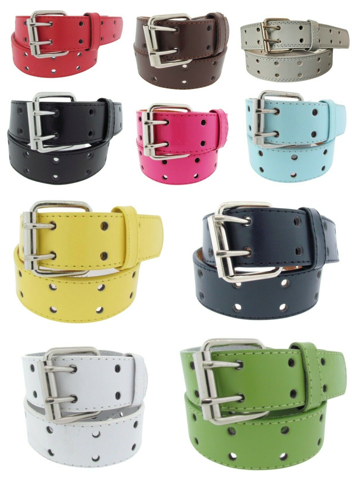 Genuine Leather Belt Unisex Double Row Closure Colorful Styles Silver Buckle 1.5