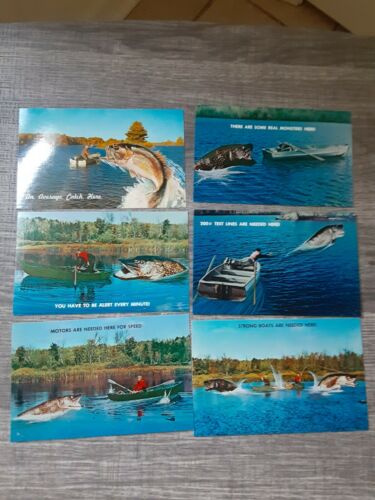 Chrome Era Vintage Postcards Fishing Funny Captions Set Of 6