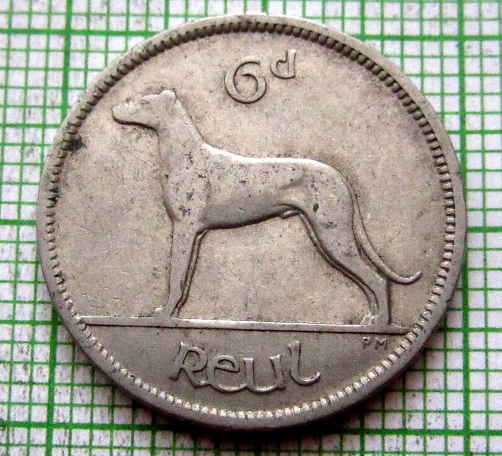 Ireland 1928 6 Pingin Pence Sixpence, Irish Wolfhound Dog, Nickel
