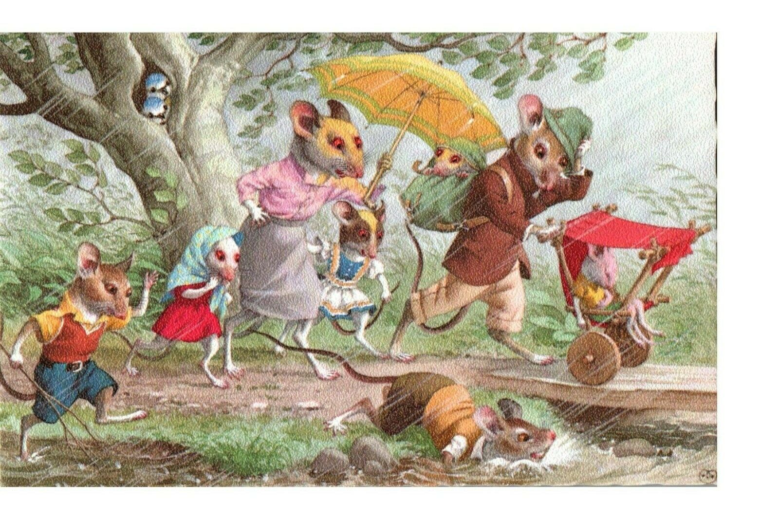 Postcard Mice Alfred Mainzer 4903 Mice Family Walking In Rain Storm