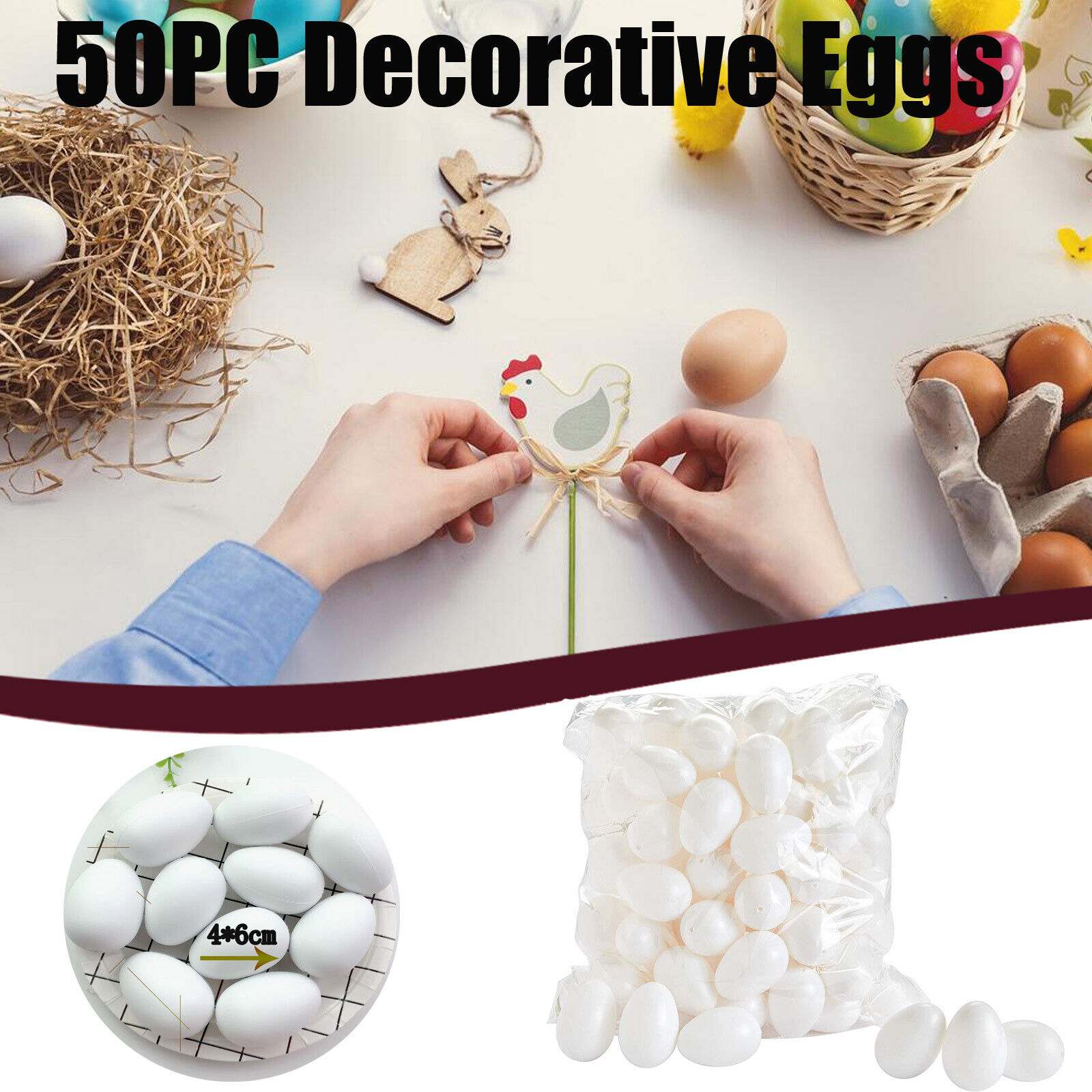 50 Decorative Eggs 6 Cm Plastic Eggs Decorating Home Decoration White