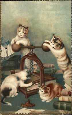 Cat Fantasy Binding Books Press Machine Vintage Card Non-postcard