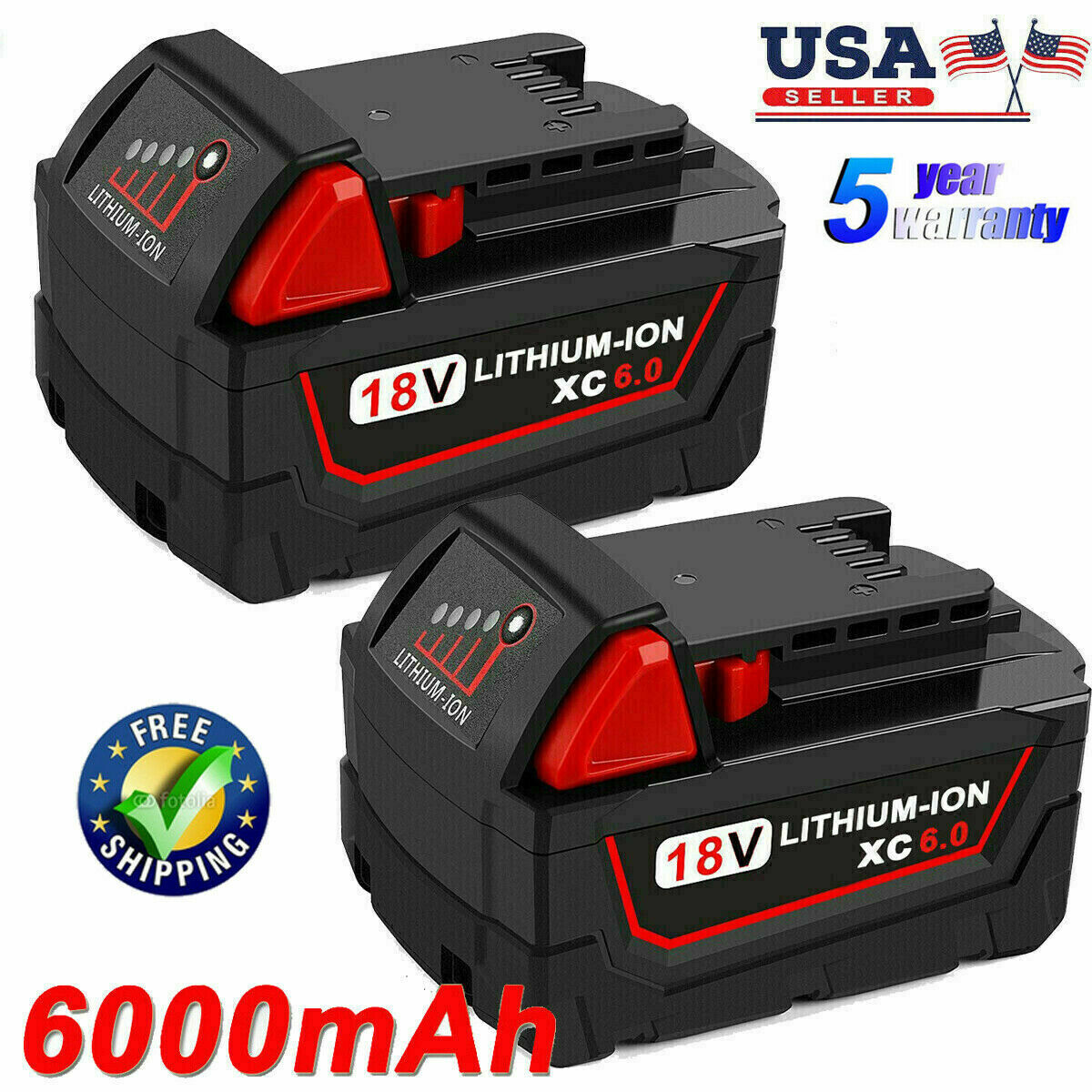 (qty 2) For Milwaukee M18 Lithium Xc 6.0 Ah Extended Capacity Battery 48-11-1852