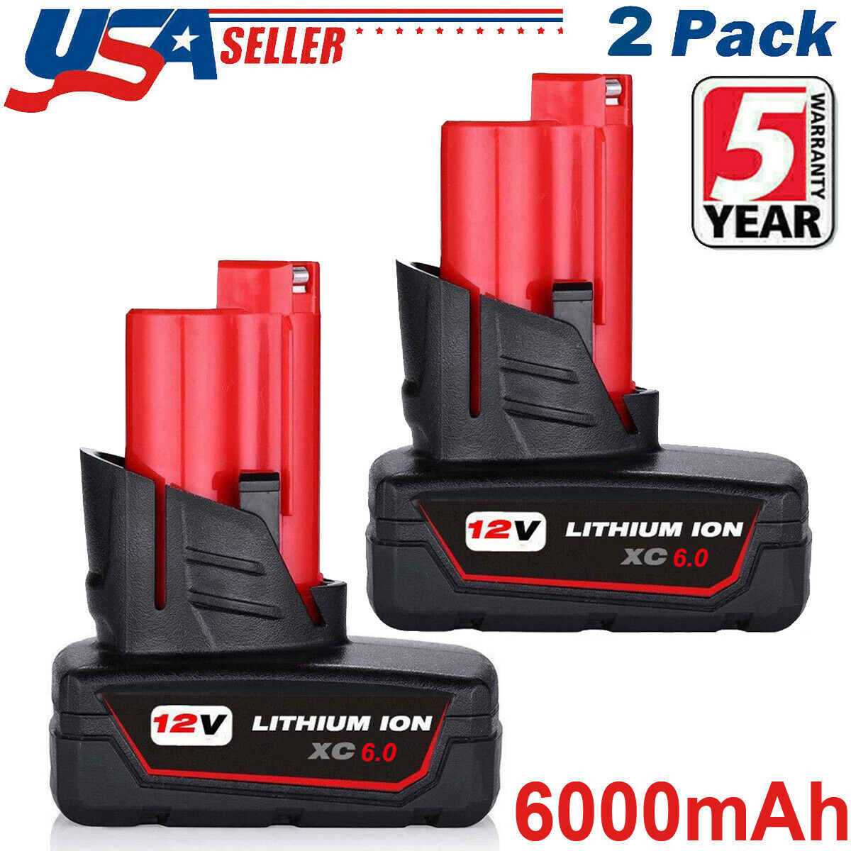 2x 6.0ah For Milwaukee M12 12 Volt Xc 6.0 Extended Capacity Battery 48-11-2460